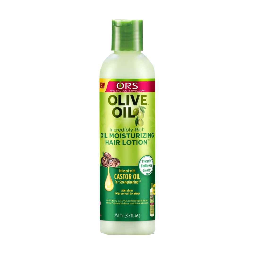 Grüne Flasche mit ORS Olive Oil Haar-Feuchtigkeitslotion. Enthält Rizinusöl. Text: Incredibly Rich Oil Moisturizing Hair Lotion.