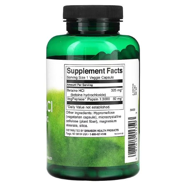 Rückseite einer grünen Flasche. Etikett mit Nährwertangaben: Betaine HCl, VegPeptase, Inhaltsstoffe. Marke: SWANSON.