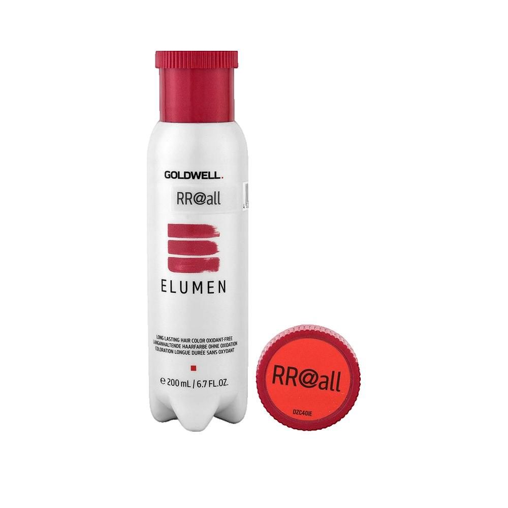 Goldwell Elumen Haarfarbe Flasche mit roter Kappe und separatem Deckel. Text: RR@all, Elumen, 200 ml / 6.7 FL.OZ.
