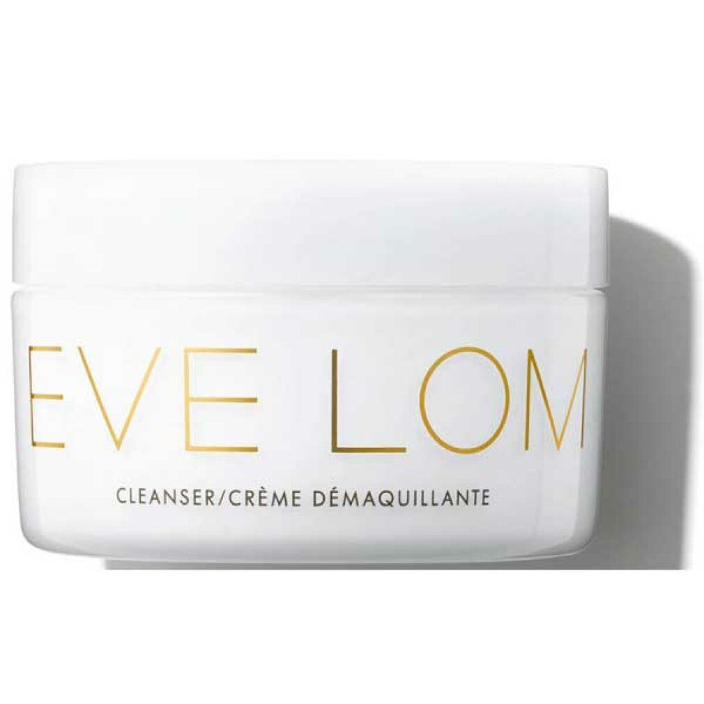 Weißer Tiegel mit goldfarbenem Schriftzug "EVE LOM". Darunter "CLEANSER/CRÈME DÉMAQUILLANTE".