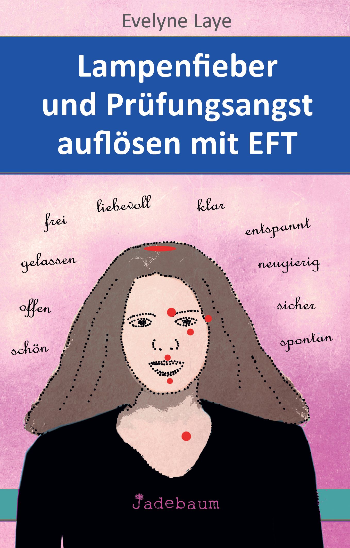 Buchcover mit Titel: Lampenfieber und Prüfungsangst auflösen mit EFT. Autorin: Evelyne Laye. Abbildung eines Gesichts mit roten Punkten und positiven Adjektiven.