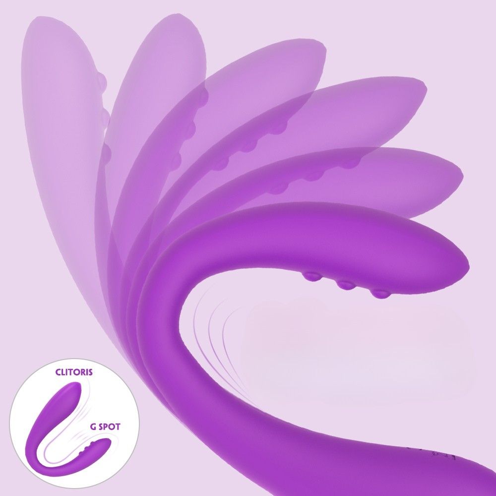 Lila Vibrator mit geschwungener Form. G-Punkt und Klitoris-Bereiche hervorgehoben.
