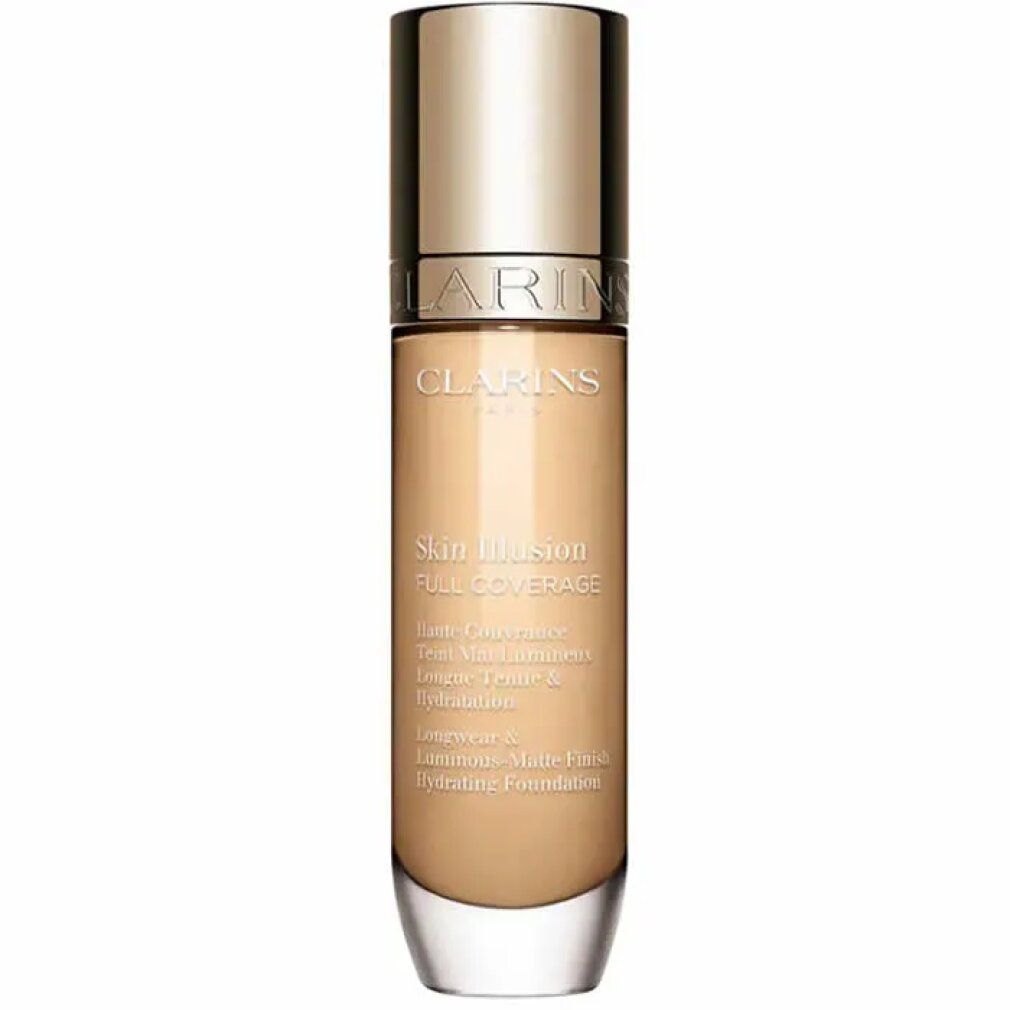 Flakon mit goldfarbenem Deckel. Aufschrift: Clarins, Skin Illusion Full Coverage. Flüssige Foundation.