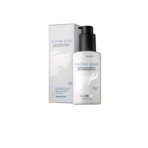 Flasche und Verpackung von Viamax Silicone Glide. Weiße Flasche mit schwarzem Pumpkopf. Text: Silicone Glide, Long-Lasting Glide Effects.
