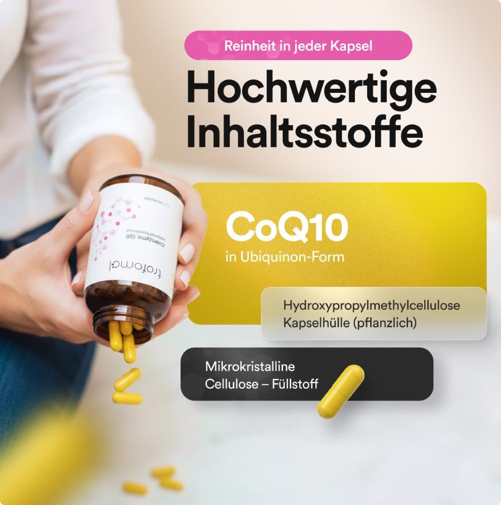 Braune Flasche mit gelben Kapseln. Text: CoQ10 in Ubichinon-Form. Kapselhülle: Hydroxypropylmethylcellulose (pflanzlich).