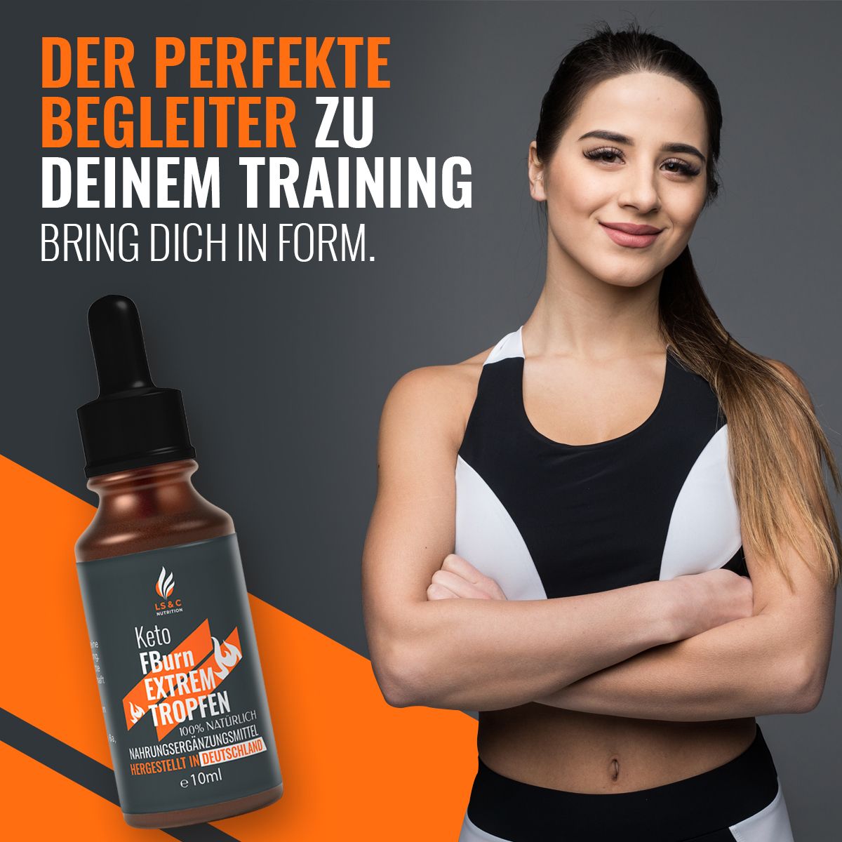 Produktflasche mit Pipette. Frau im Sport-Outfit. Text: Der perfekte Begleiter zu deinem Training. Bring dich in Form. Orangefarbener Hintergrund.