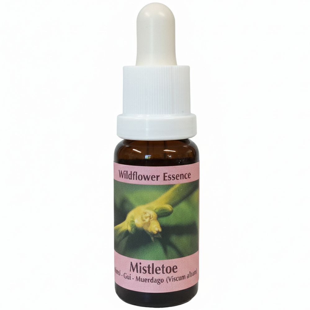 Braune Glasflasche mit weißem Verschluss und Pipette. Etikett mit Produktname und Abbildung. Wildblüten Essenz.