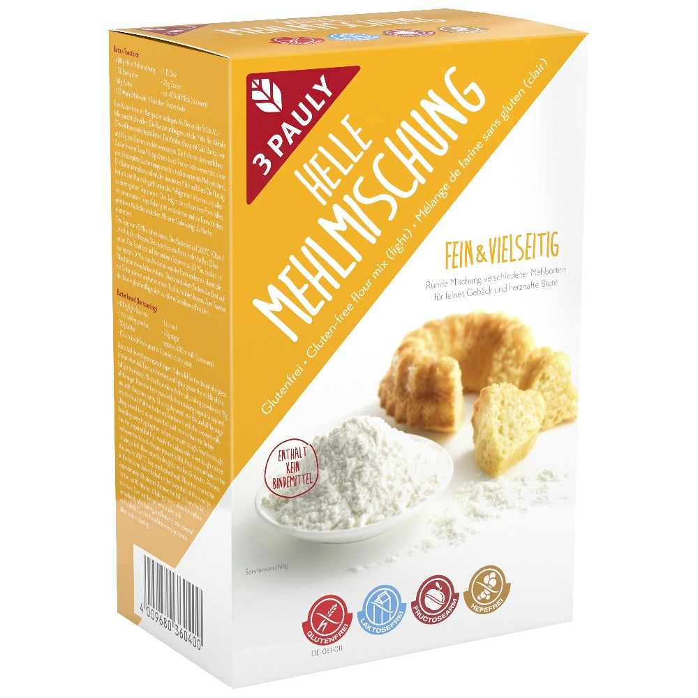 Verpackung von 3 Pauly Helle Mehlmischung. Glutenfreie Mehlmischung. Aufdruck: Fein & Vielseitig. Abbildung von Kuchen und Mehl.
