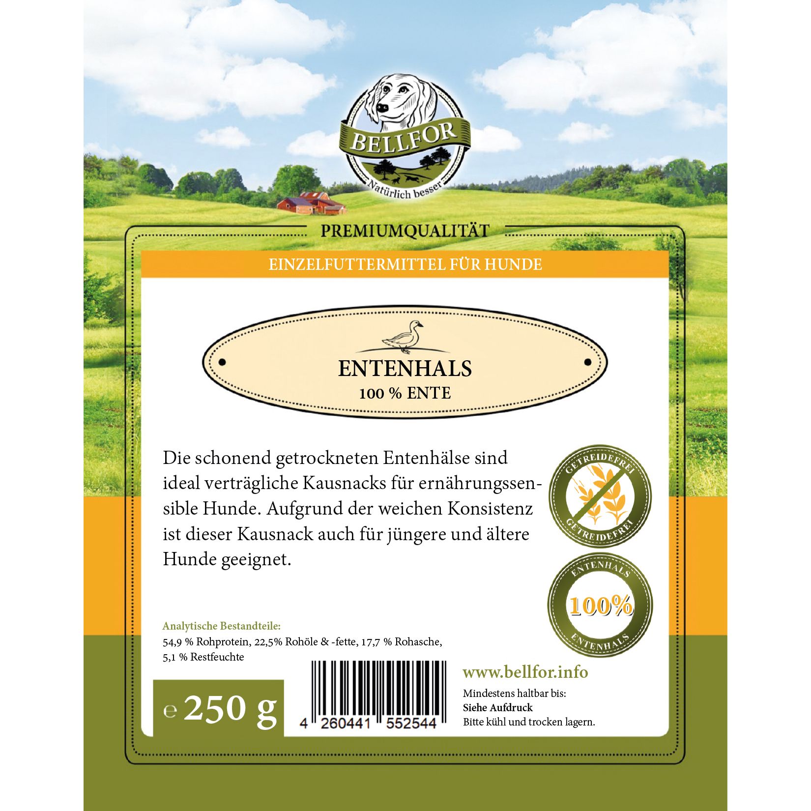 Verpackung von Bellfor Gesunder Hundesnack - Enten-Hals. Text: Einzel-Futtermittel für Hunde, 100% Ente, 250 g.