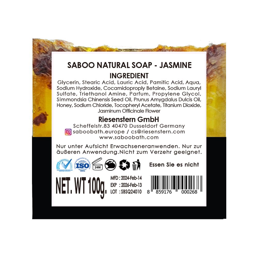 Rückseite der Saboo Naturseife MP – Jasmin. Zutatenliste, Herstellerinformationen, Qualitätszeichen, Haltbarkeitsdatum und Barcode.