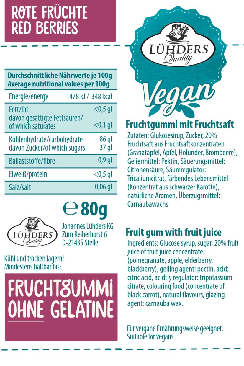 Etikett mit Nährwertangaben und Zutaten für LÜHDERS Fruchtgummi Rote Früchte, vegan. Text in Deutsch und Englisch.