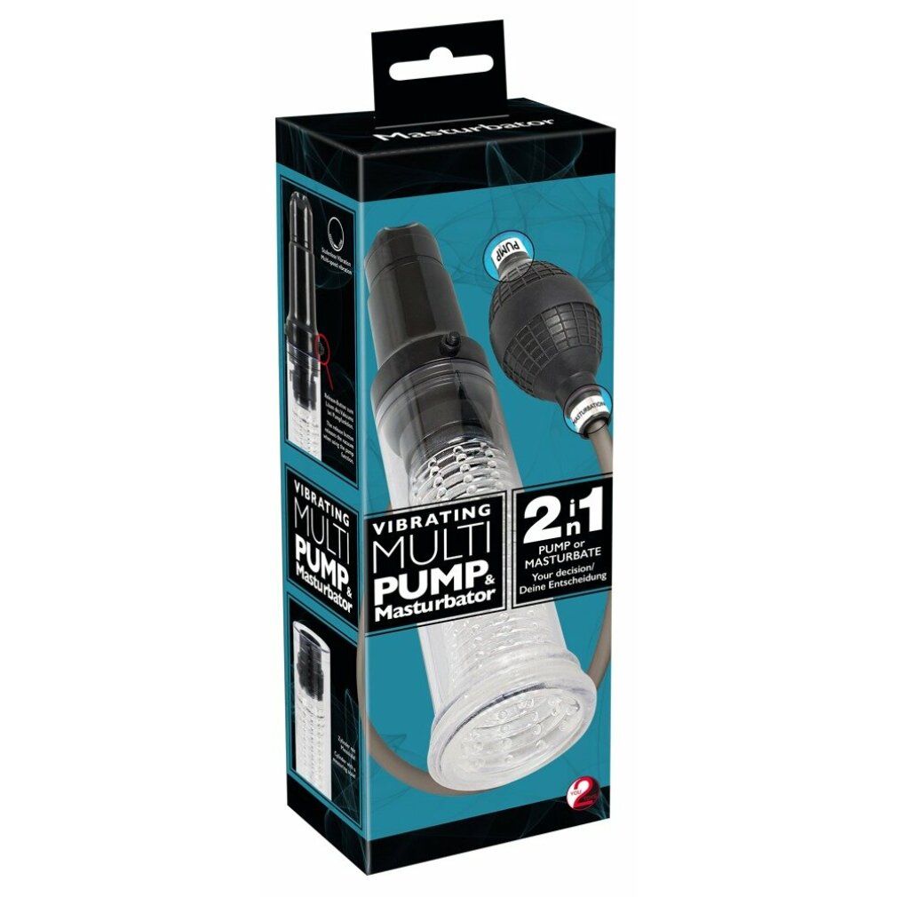 Verpackung mit Produktabbildung. Text: „Vibrating Multi Pump & Masturbator“ und „2 in 1“.