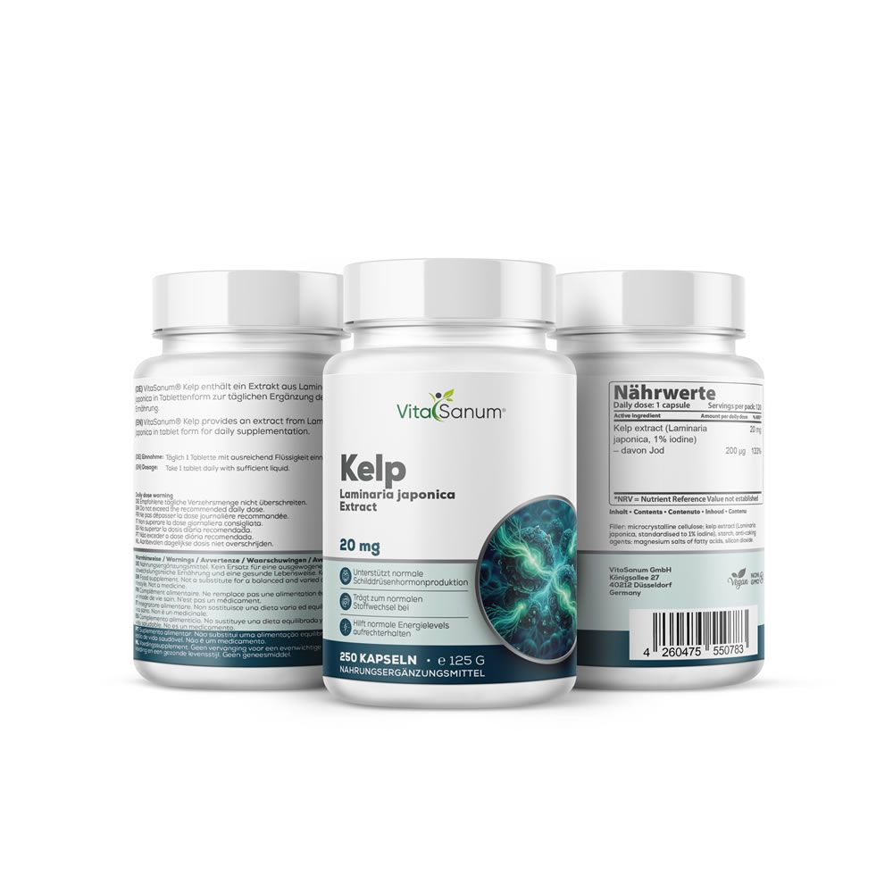 Drei weiße Flaschen mit Etiketten. Auf einer steht "VitaSanum Kelp". Text: "Laminaria Japonica Extract", "20 mg", "250 Kapseln".