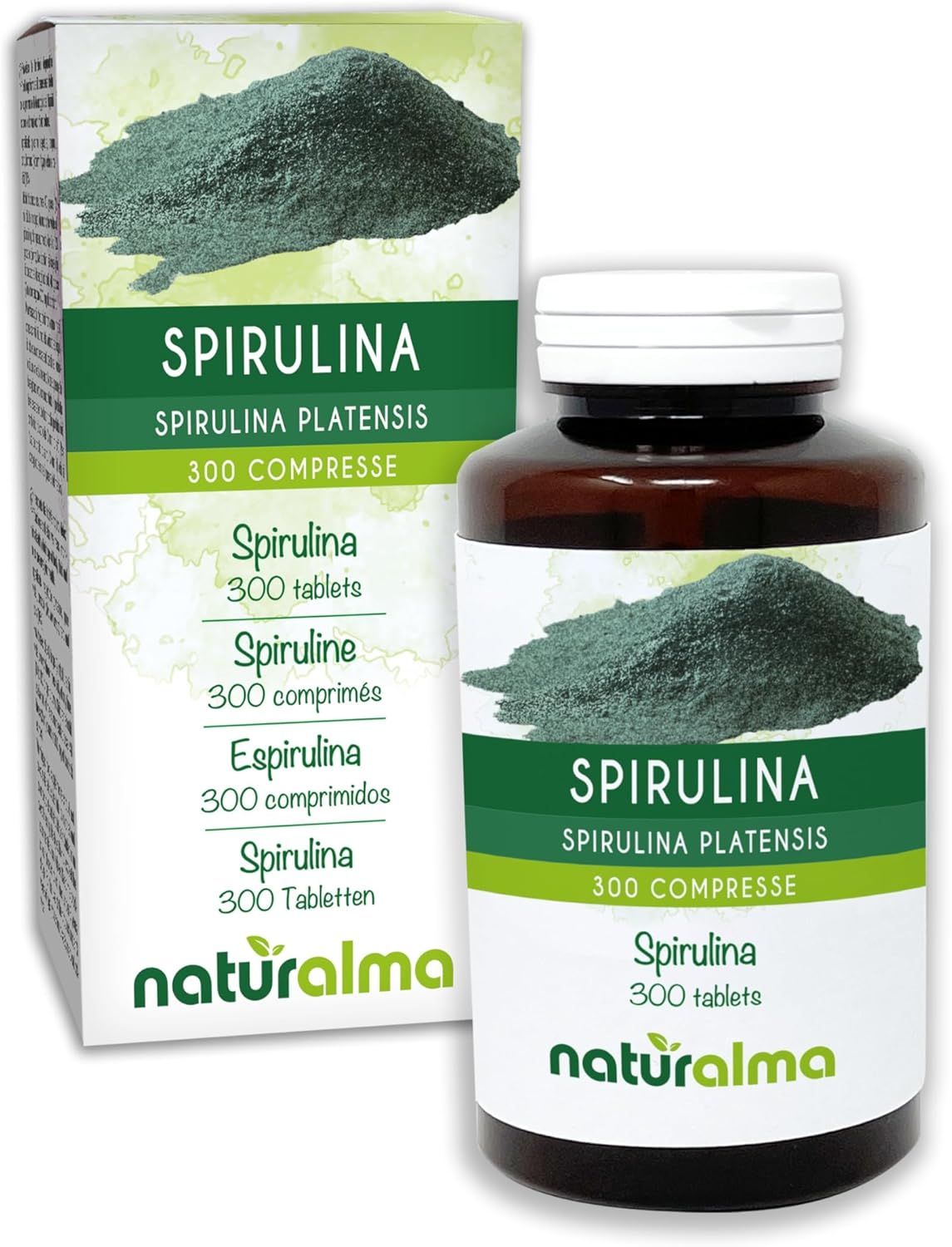 Eine Flasche und eine Schachtel mit Spirulina-Tabletten. Aufschrift: Spirulina Spirulina platensis 300 Tabletten. Naturalma-Logo.