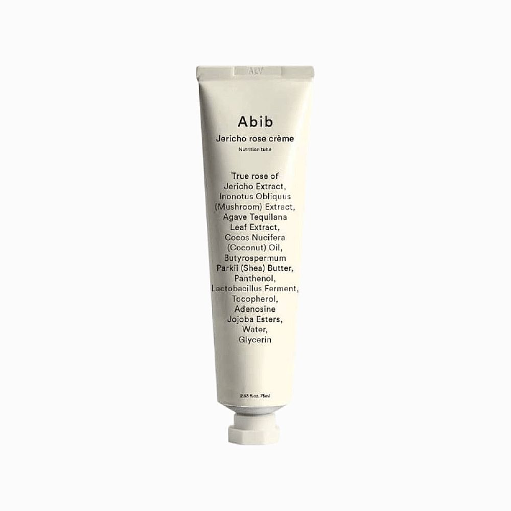 Creme-Tube. Aufschrift: Abib Jericho rose crème. Inhaltsstoffe aufgeführt. Weißes Design.