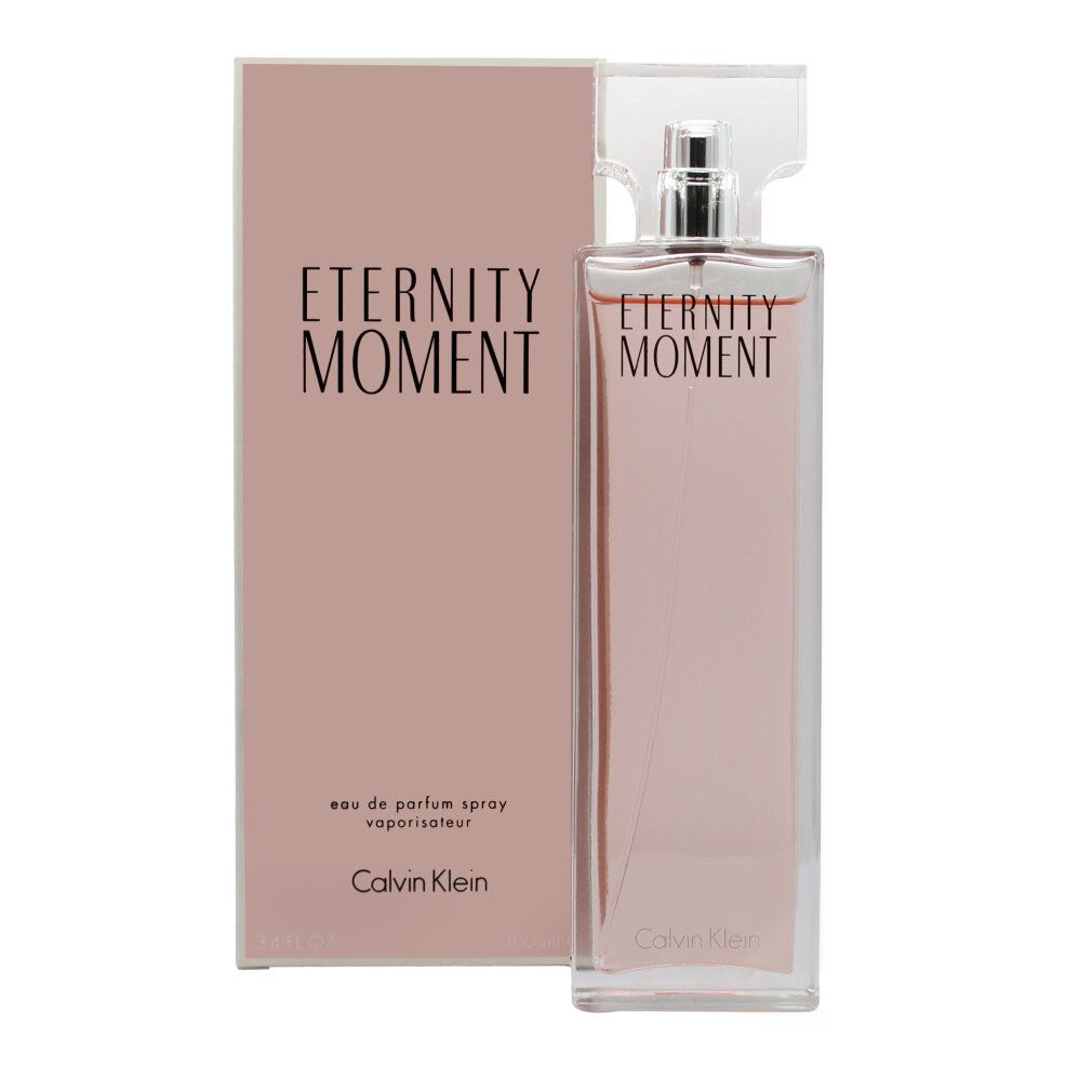 Flakon und Verpackung mit "Eternity Moment" und "Calvin Klein". Eau de Parfum Spray.