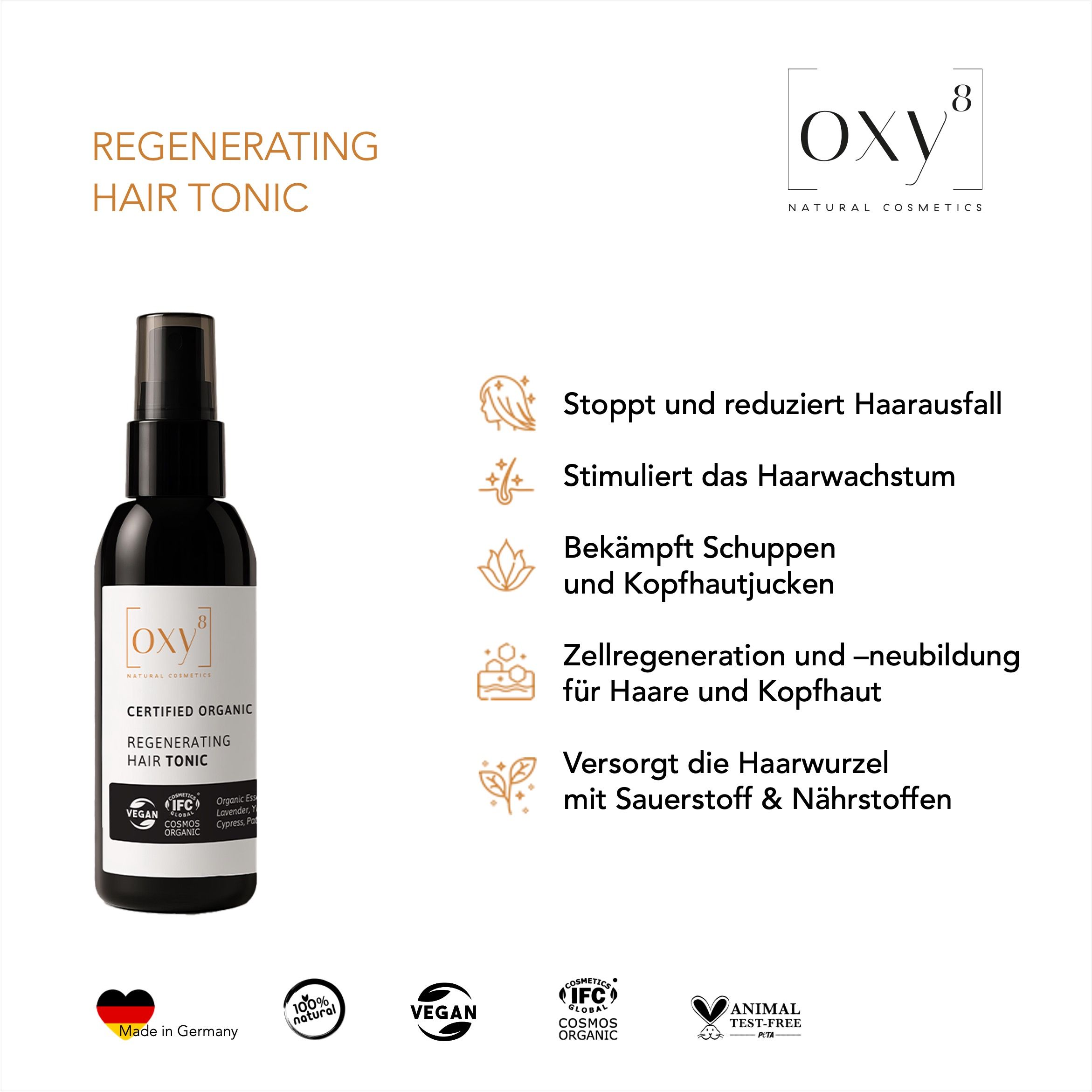 Haartonic-Flasche mit Aufschrift oxy8, zertifiziertes Bio. Text: Stoppt Haarausfall, stimuliert Wachstum, bekämpft Schuppen.