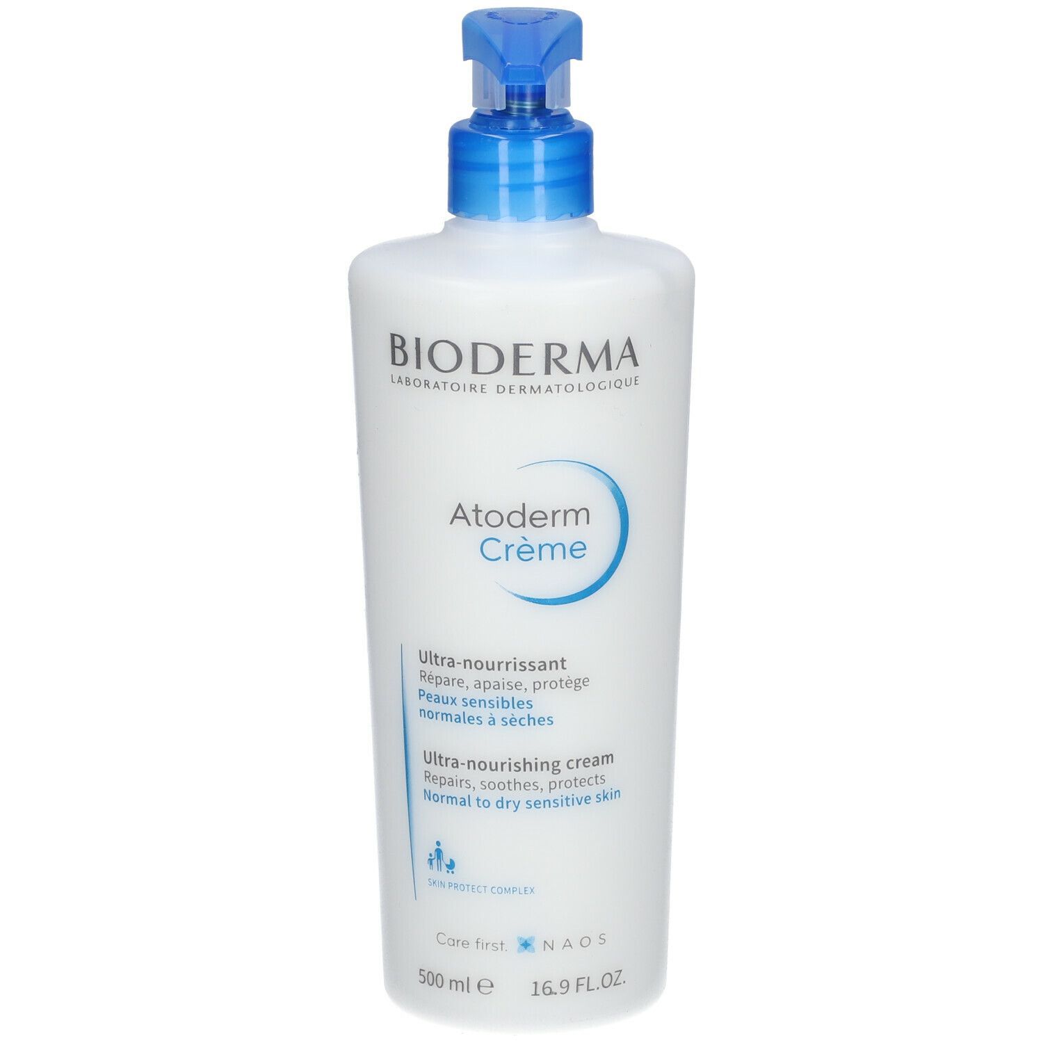 Weiße Flasche mit blauem Pumpverschluss. Aufschrift: BIODERMA, Atoderm Crème. Text: Ultra-nährend, für empfindliche Haut. 500 ml.