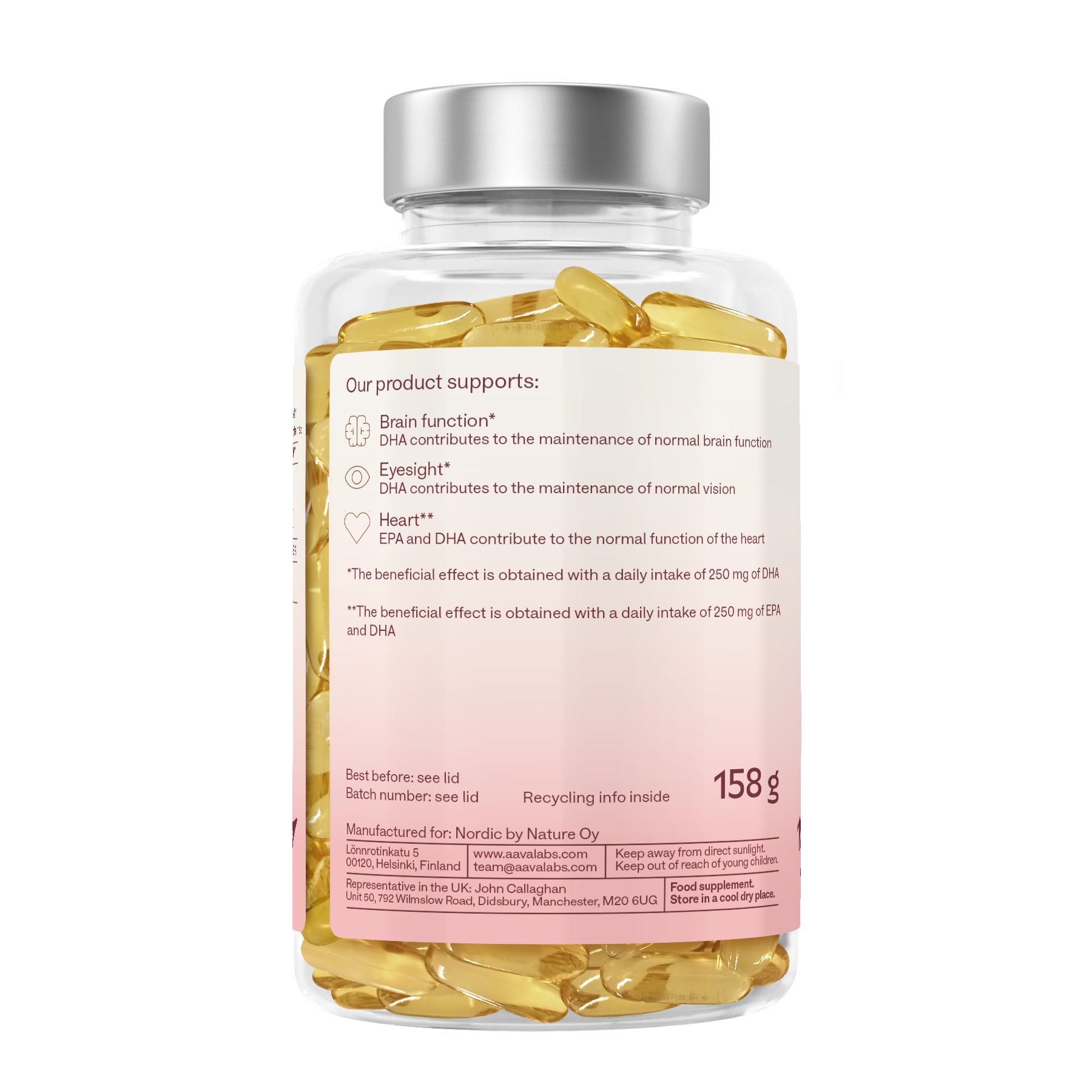 Rückseite der Flasche mit gelben Kapseln. Informationen zur Unterstützung von Gehirn, Augen und Herz. Gewicht: 158 g.