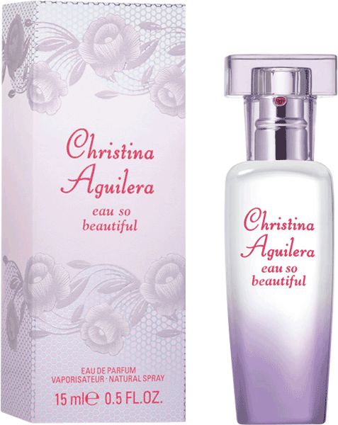 Parfümflakon und Schachtel. Aufschrift: Christina Aguilera eau so beautiful. Schachtel mit Rosenmuster.