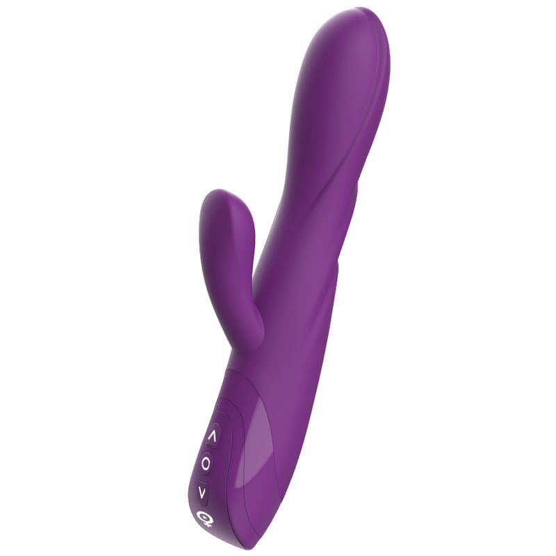 Lila Vibrator mit gebogener Form und seitlichem Element. Bedienknöpfe unten.