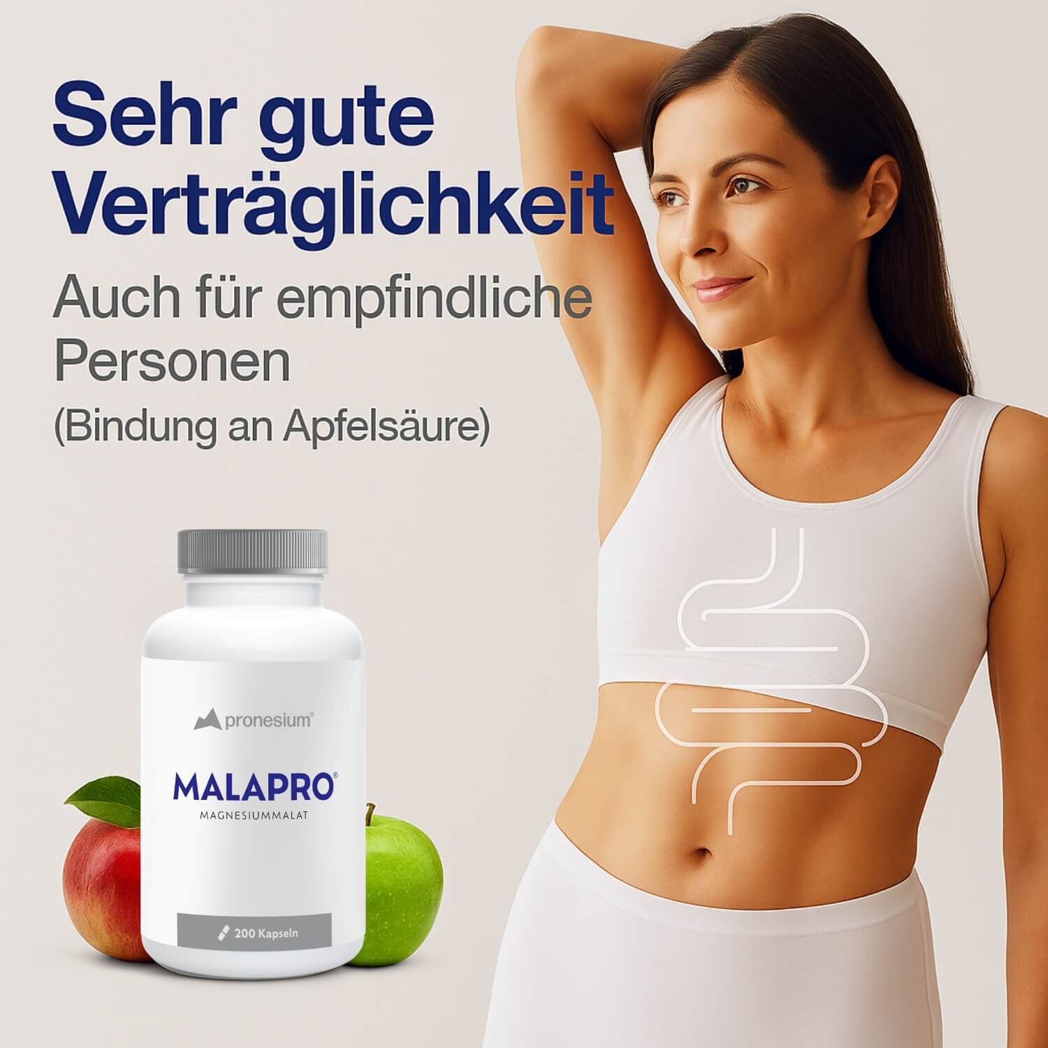 Frau mit Bauchumriss, Flasche MALAPRO, Äpfel. Text: Sehr gute Verträglichkeit, auch für empfindliche Personen.