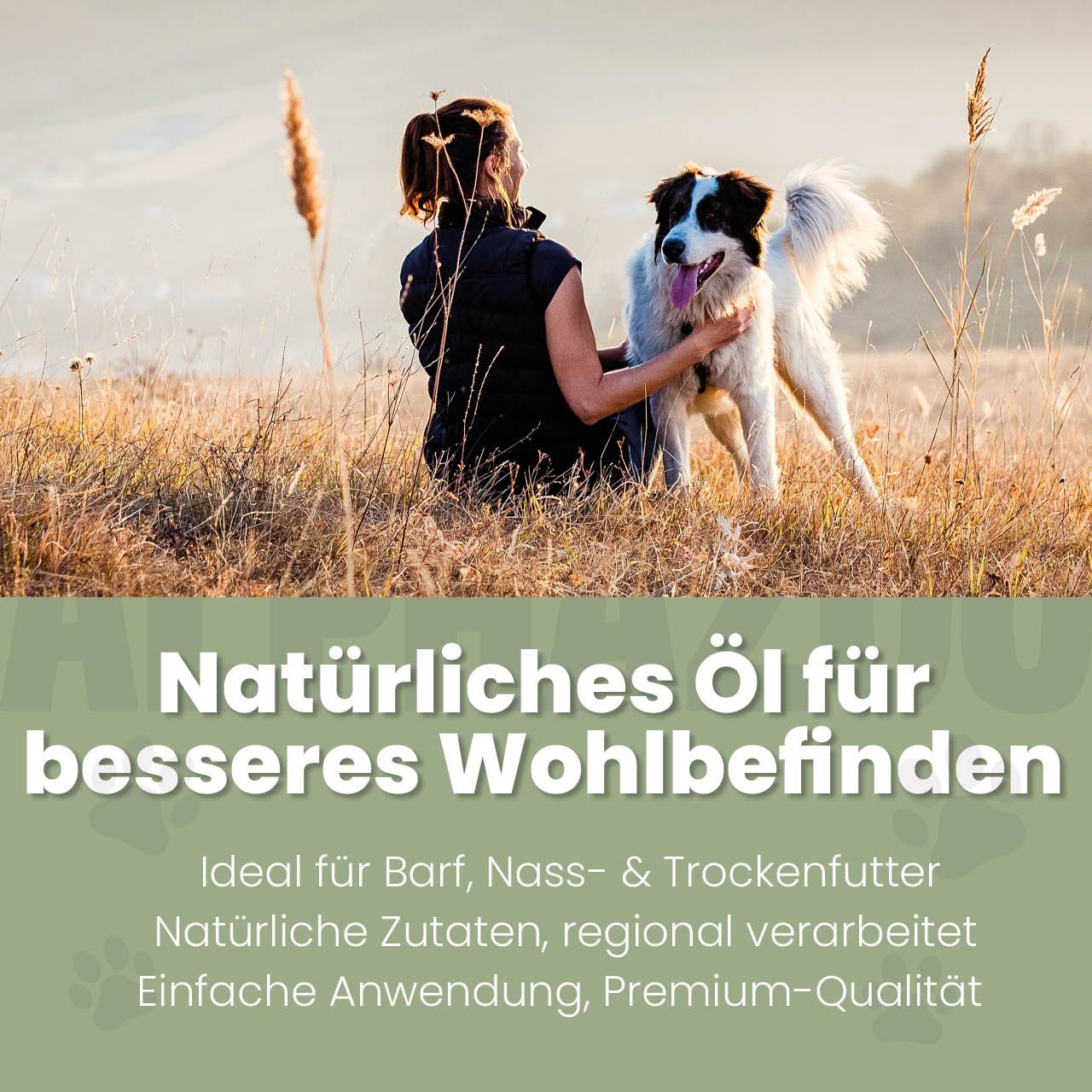 Frau und Hund im Feld. Text: Natürliches Öl für besseres Wohlbefinden. Ideal für Barf, Nass- & Trockenfutter.