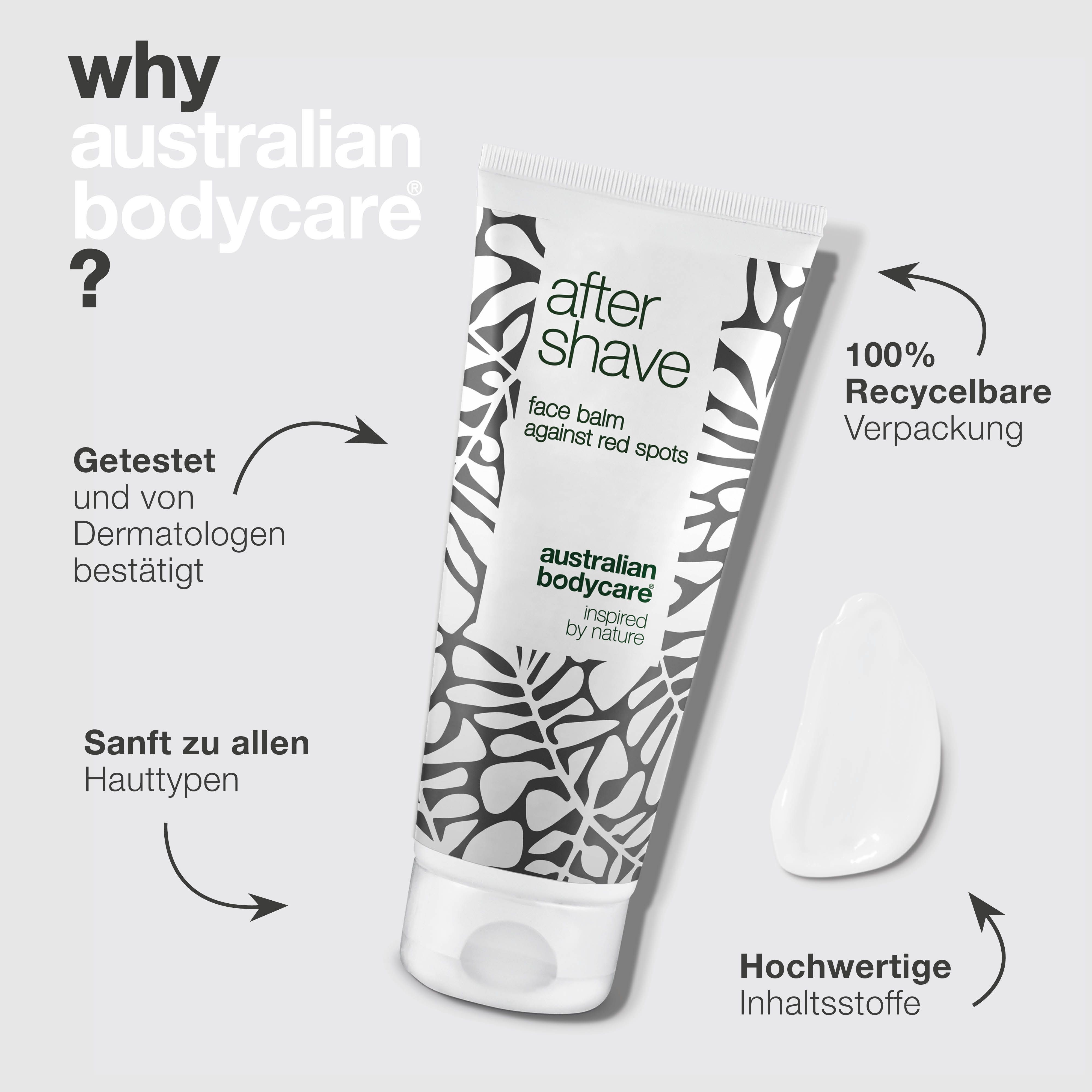 Tube After Shave Balsam und Klecks. Text: After Shave, face balm against red spots, Australian Bodycare. Pfeile: dermatologisch getestet, recyclebare Verpackung.
