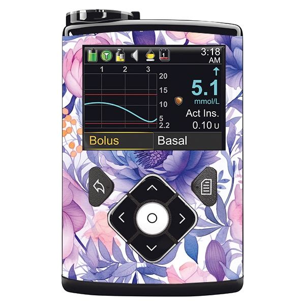 Gerät mit floralem Muster. Bildschirm zeigt Messwerte. Steuerungselemente unten. Anzeige: 5.1 mmol/L, 0.10 u. Text: Bolus, Basal.