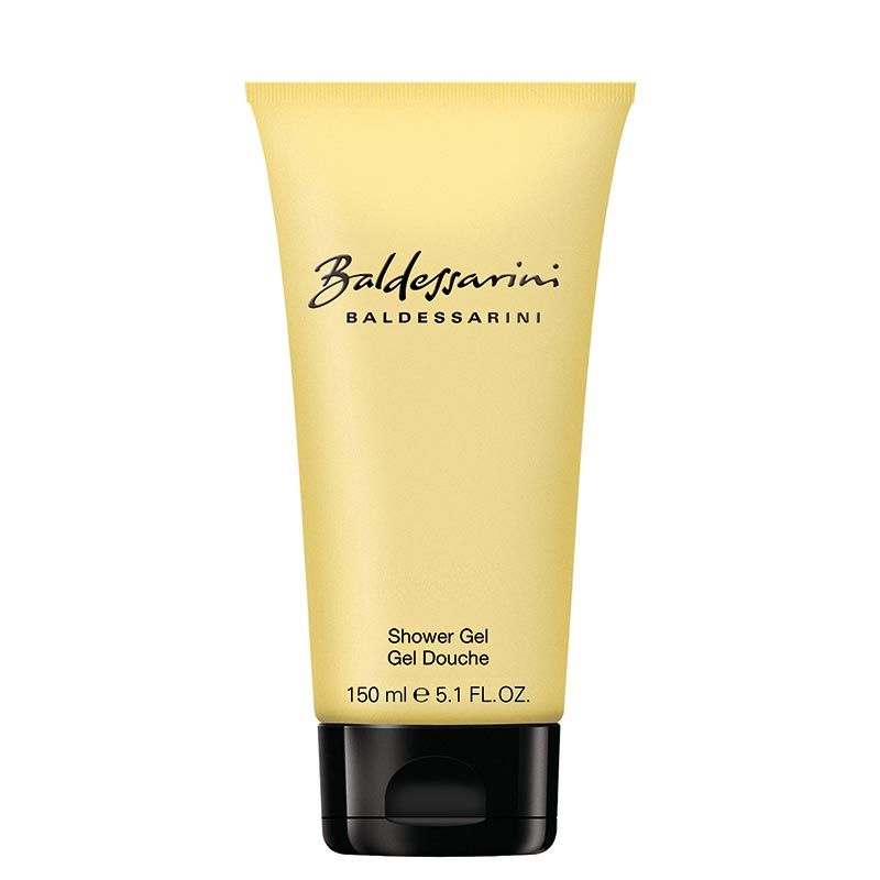 Gelbe Tube Baldessarini Duschgel. Schwarzer Verschluss. Schriftzug und Produktbezeichnung.