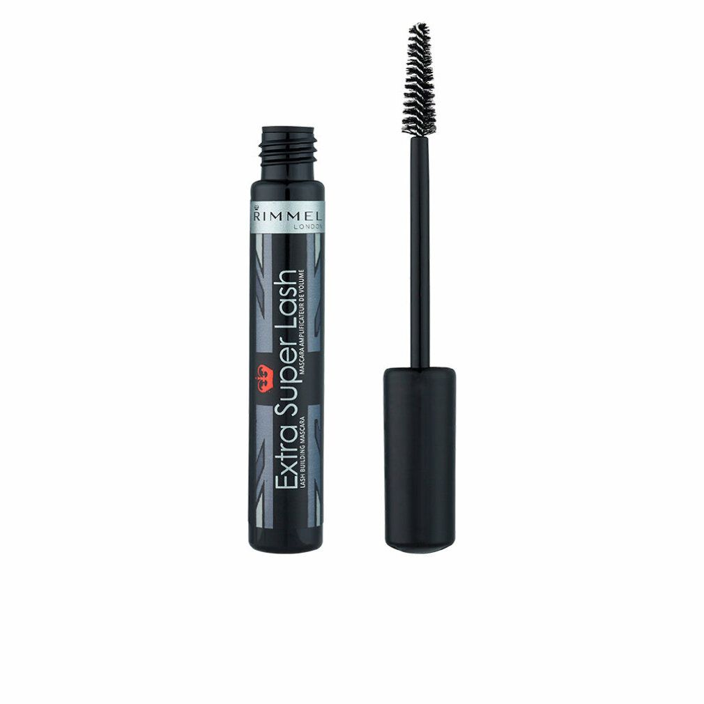 Schwarze Mascara-Tube und Bürste. Tube geöffnet, Bürste daneben. Aufschrift: Rimmel London, Extra Super Lash.