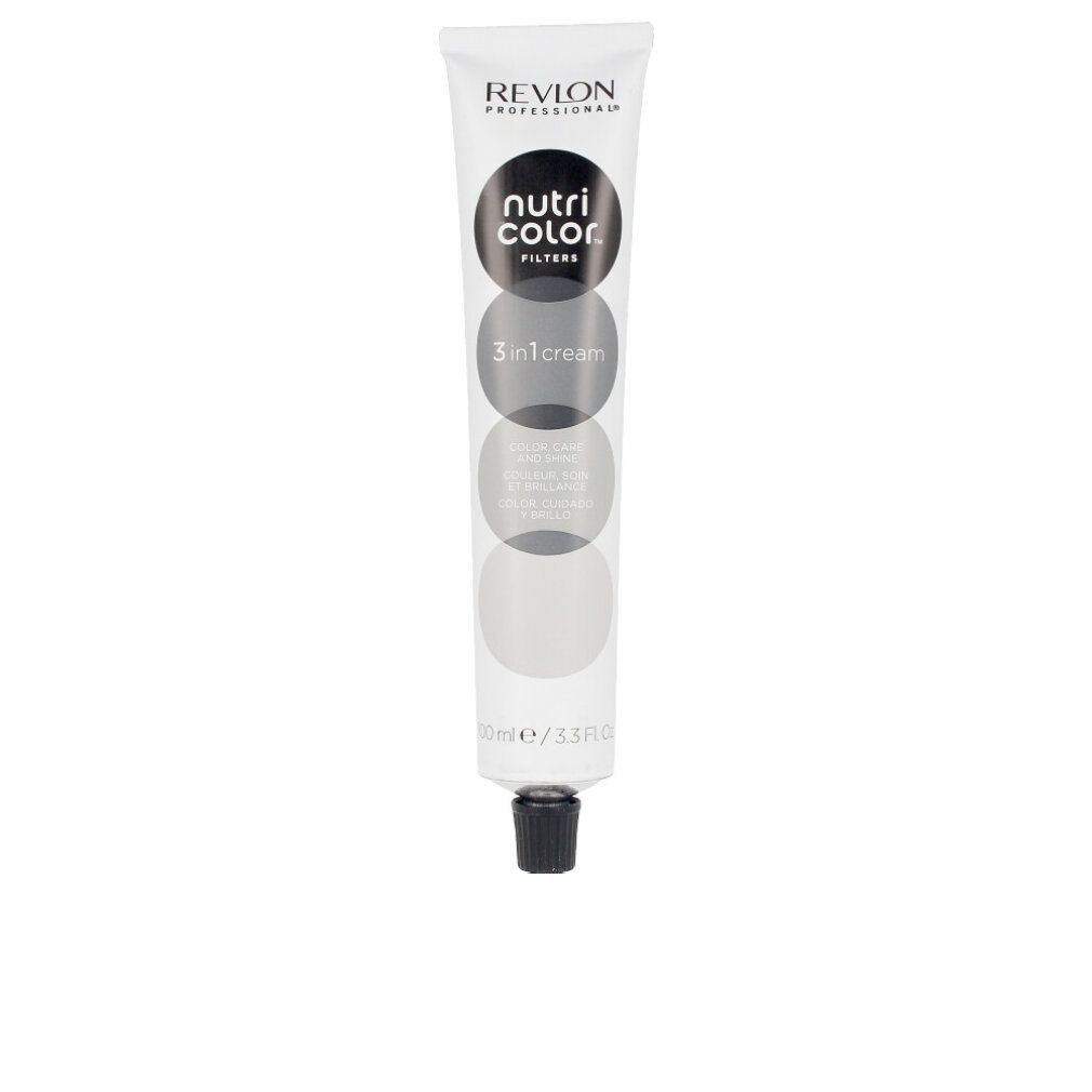 Weiße Tube mit schwarzem Verschluss. Aufschrift: Revlon Nutri Color Filters 3in1 Cream. 100ml/3.3 Fl Oz.