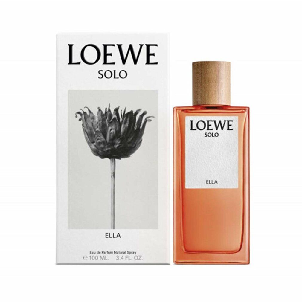 Loewe Solo Ella Eau de Parfum Spray. Flakon mit Holzverschluss und Verpackung mit floralem Motiv. Produktname und Marke sichtbar.