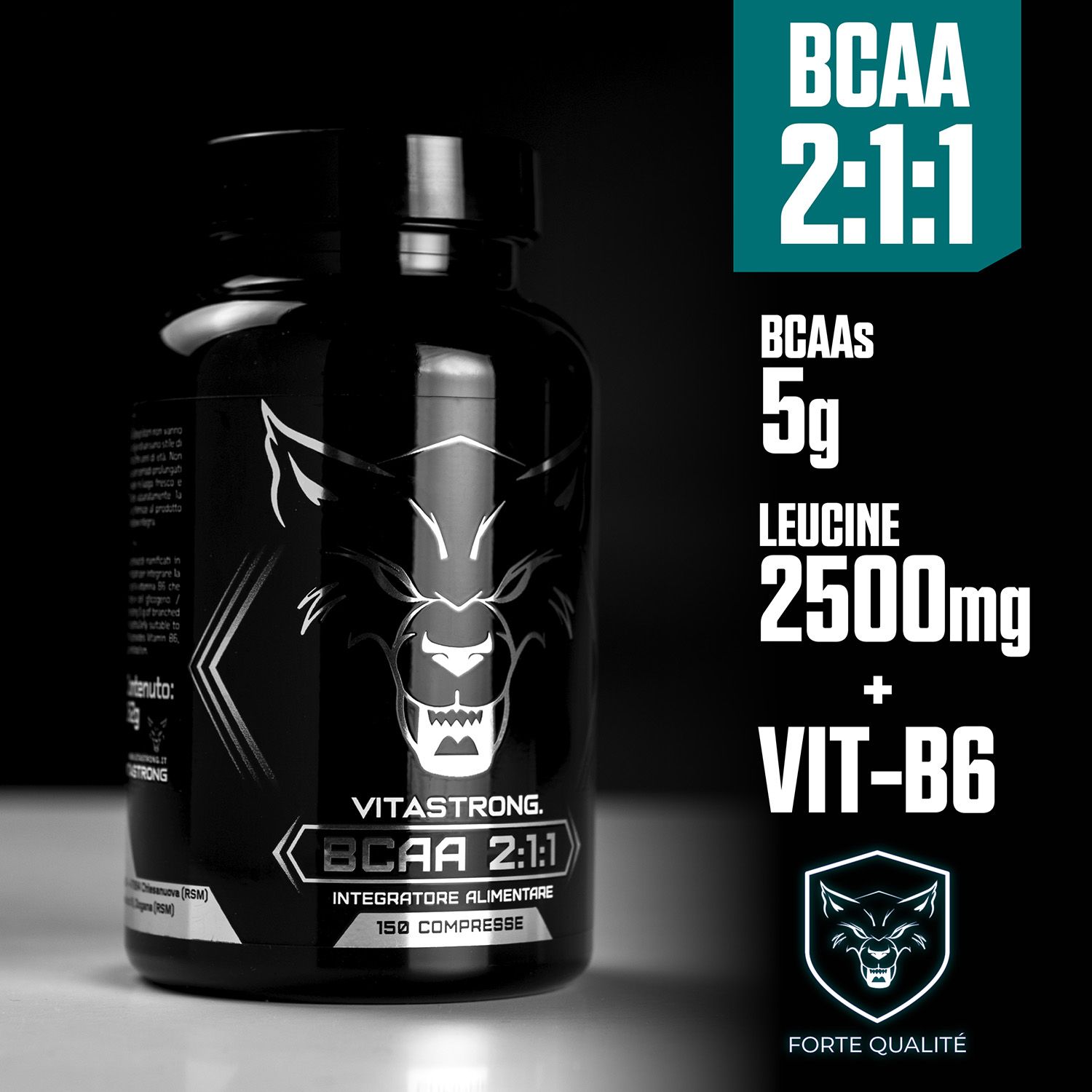 Flacon noir avec étiquette blanche. Vitastrong BCAA 2:1:1. 150 comprimés. Logo de loup. Inscription : BCAA 2:1:1, BCAA 5g, Leucine 2500mg + Vit-B6.
