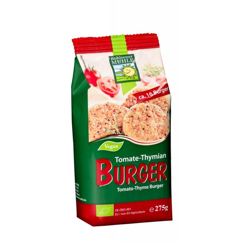 Verpackung mit Tomate-Thymian Burger. Grün-rote Verpackung mit Produktbildern und Text. Vegan-Siegel.