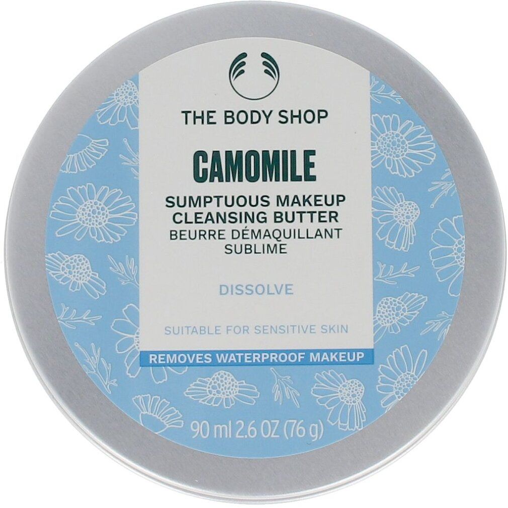 Runde Dose mit blauem Etikett. Aufschrift: CAMOMILE, Sumptuous Makeup Cleansing Butter. Geeignet für empfindliche Haut. Entfernt wasserfestes Make-up.