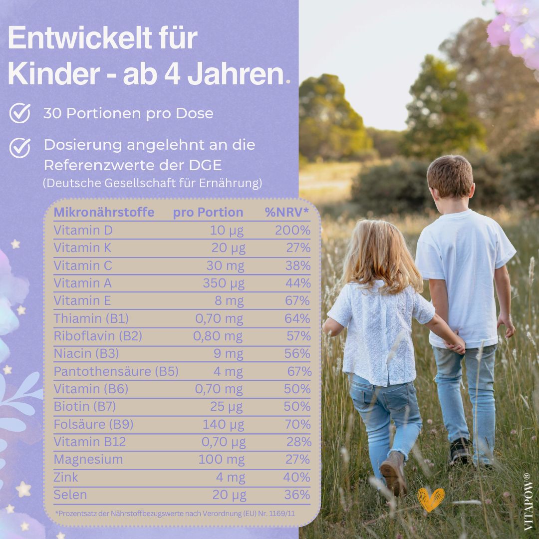 Zwei Kinder gehen im Feld. Text: 30 Portionen pro Dose, Dosierung angepasst an die Referenzwerte der DGE. Mikronährstoffe und %NRV.