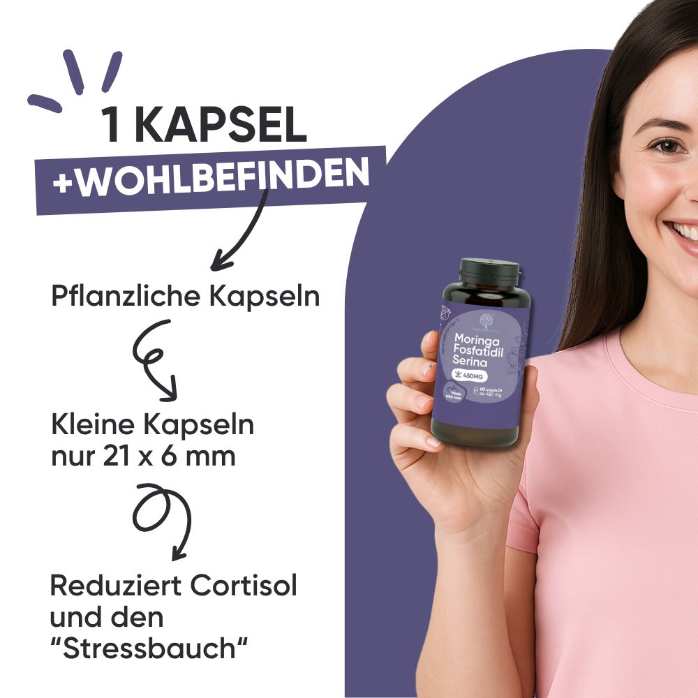 Flasche mit Moringa-Kapseln, 450mg pro Kapsel. Kleine pflanzliche Kapseln, 21x6mm.
