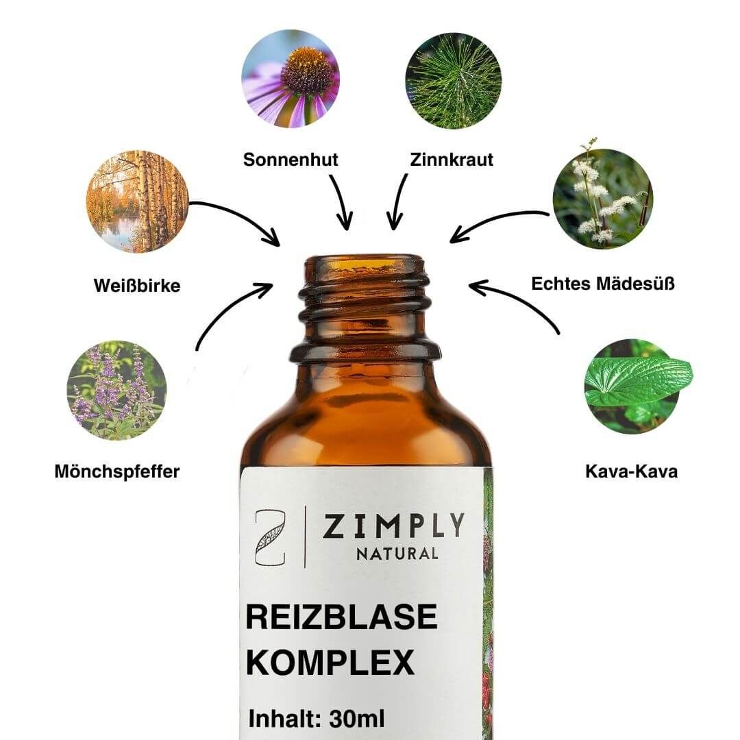 Braune Flasche mit Sprühkopf. Umgeben von Abbildungen von Pflanzen: Sonnenhut, Zinnkraut, Weißbirke, Mönchspfeffer, Echtes Mädesüß, Kava-Kava.