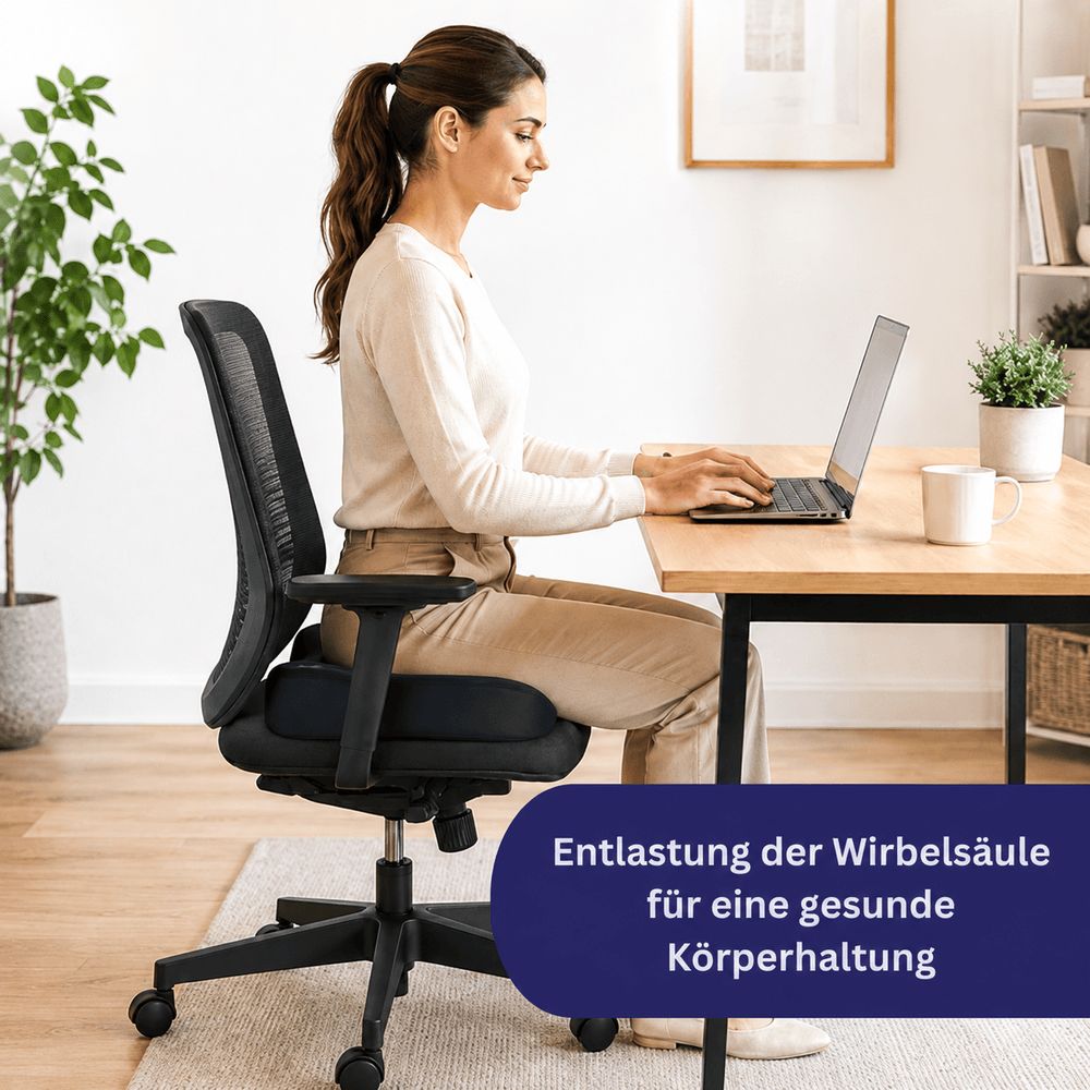 Frau sitzt am Schreibtisch auf einem orthopädischen Kissen zur Entlastung der Wirbelsäule.