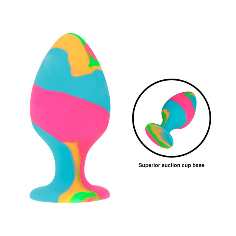 Mehrfarbiger Silikon-Stecker mit rundem Detail. Text: Superior suction cup base.