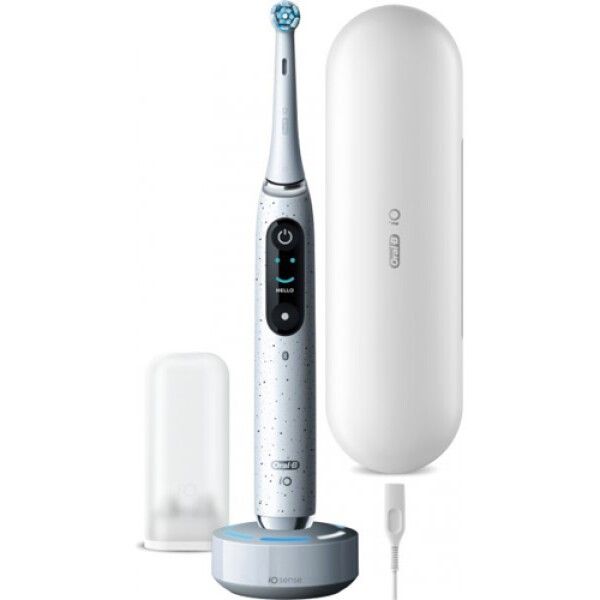 Elektrische Zahnbürste, weiß mit Sternenmuster, Ladestation, Reiseetui und Bürstenkopf. Oral-B iO 10.