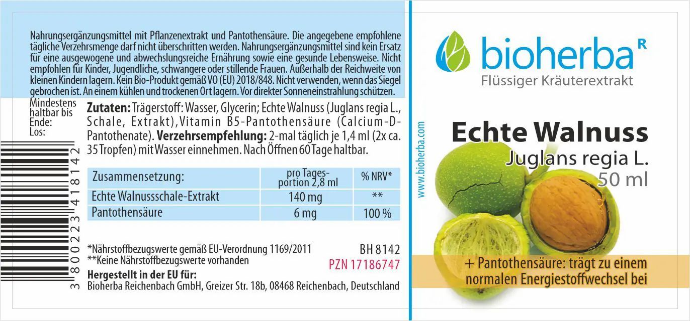 Etikett mit Produktnamen, Walnuss-Illustration und Logo. Text mit Nährwertangaben und Inhaltsstoffen.