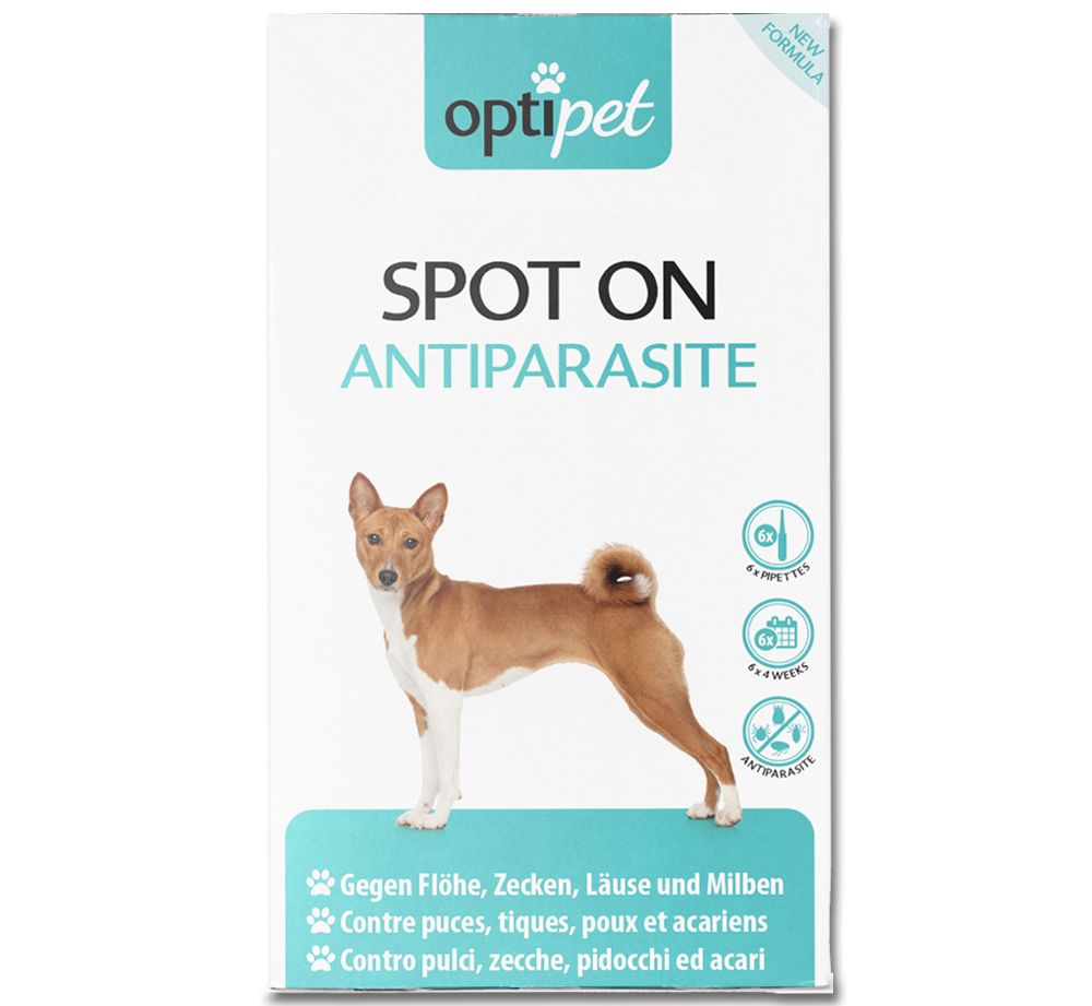 Verpackung von OptiPet Spot On Antiparasit. Enthält ein Bild eines Hundes. Text: Gegen Flöhe, Zecken, Läuse und Milben.