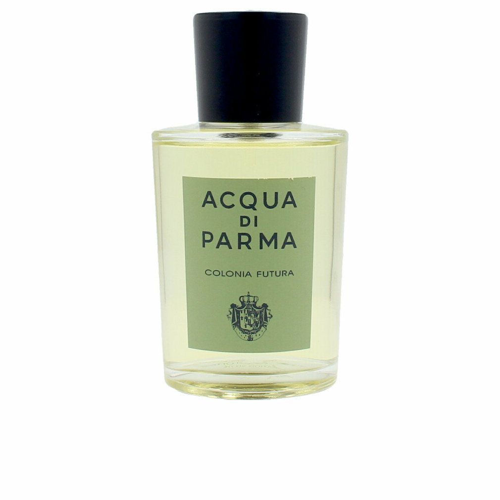 Klarer Glasflakon mit schwarzem Deckel. Aufkleber mit "Acqua di Parma Colonia Futura".