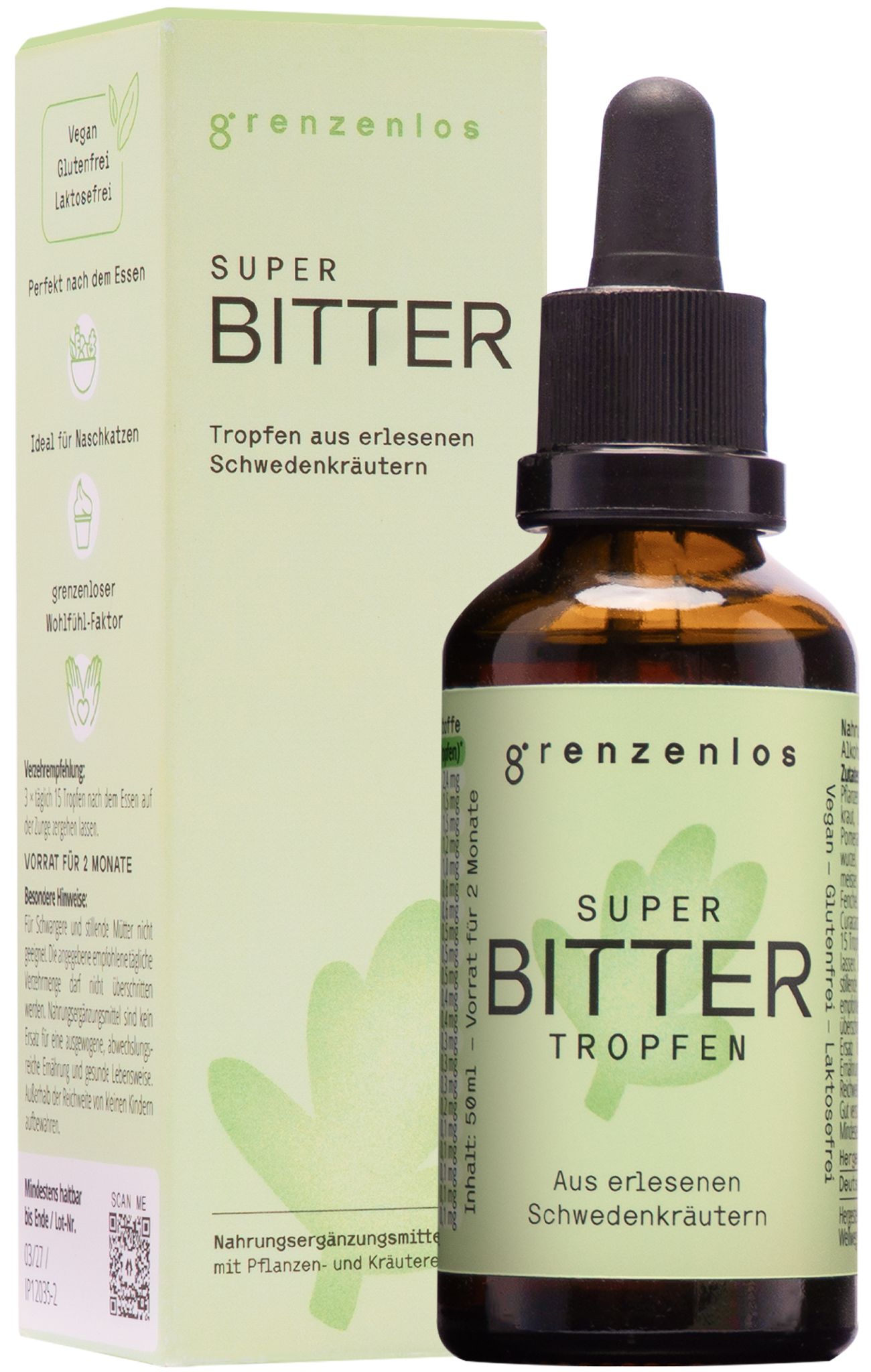 Verpackung und Flasche: "grenzenlos SUPER BITTER Tropfen aus erlesenen Schwedenkräutern".
