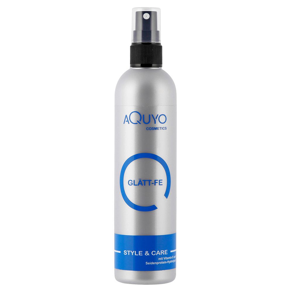 Silberne Sprühflasche mit schwarzem Sprühkopf. Text: GLÄTT-FE, STYLE & CARE. Marke: AQUYO COSMETICS.