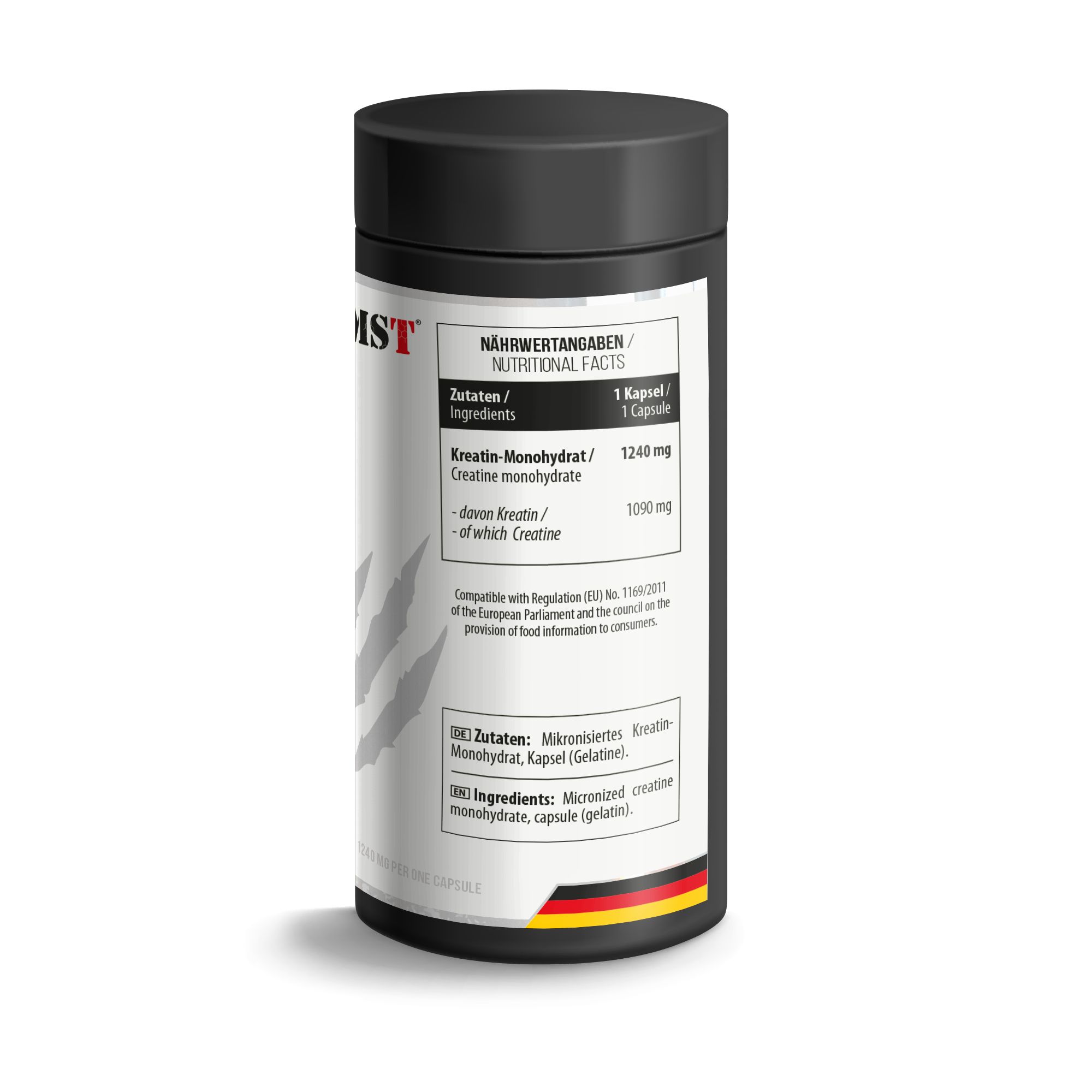 Schwarze Dose mit weißem Etikett. Aufschrift: MST, Nährwertangaben, Kreatin Monohydrat. Enthält Kapseln. Deutsche Flagge.