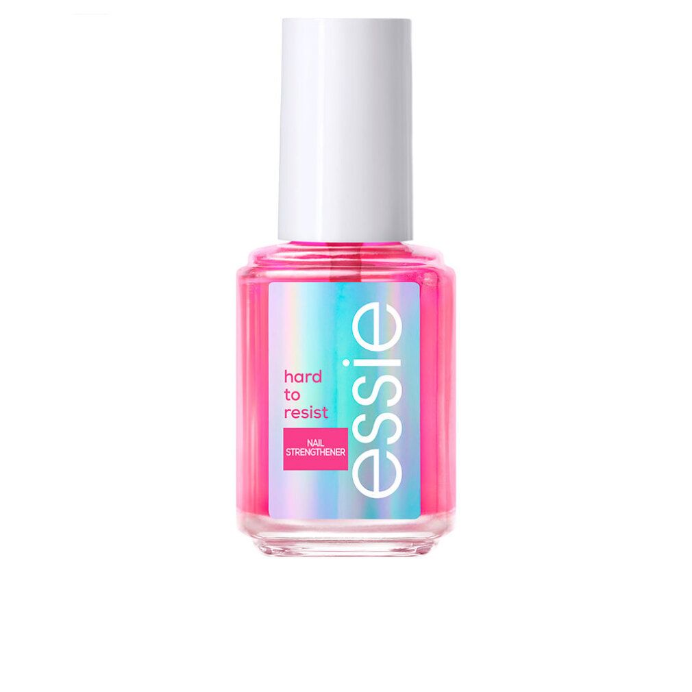 Rosa Nagelhärter-Flasche mit weißem Deckel. Aufkleber mit "essie", "hard to resist" und "Nail Strenghtener".