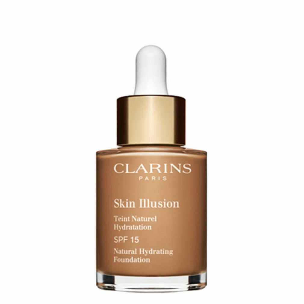 Flüssiges Make-up-Fläschchen. Marke Clarins, Skin Illusion, SPF 15. Braune Flüssigkeit in Glasflasche mit Pipette.